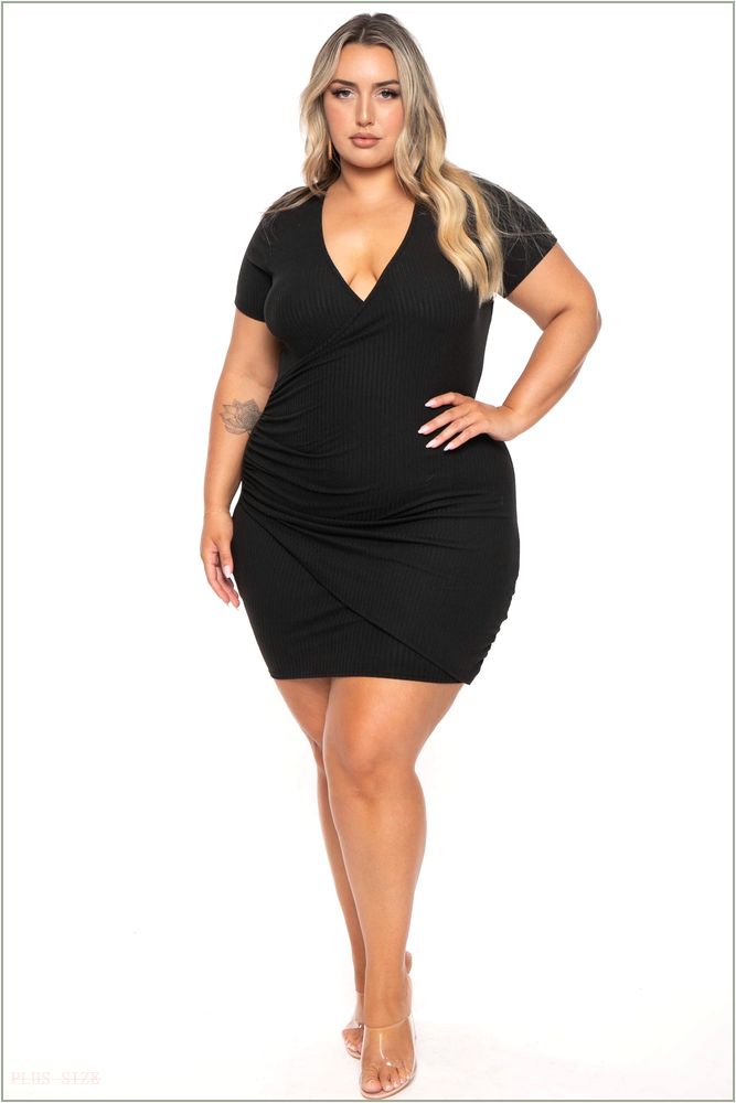  Plus Size Risette Front Drape Dress- Black H18-CS2421-BK-1X