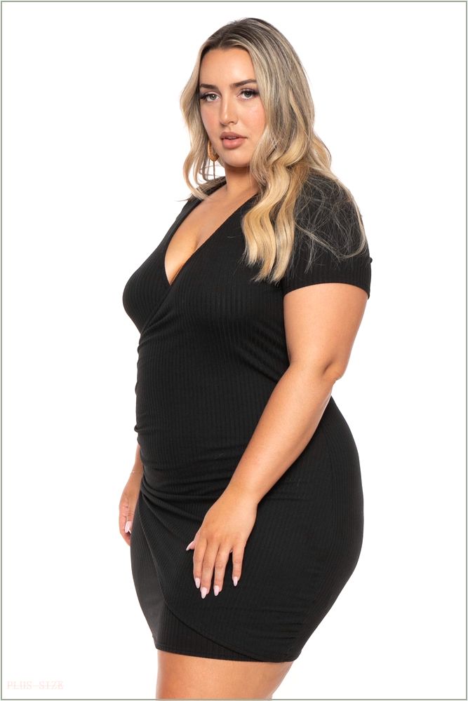  Plus Size Risette Front Drape Dress- Black H18-CS2421-BK-1X