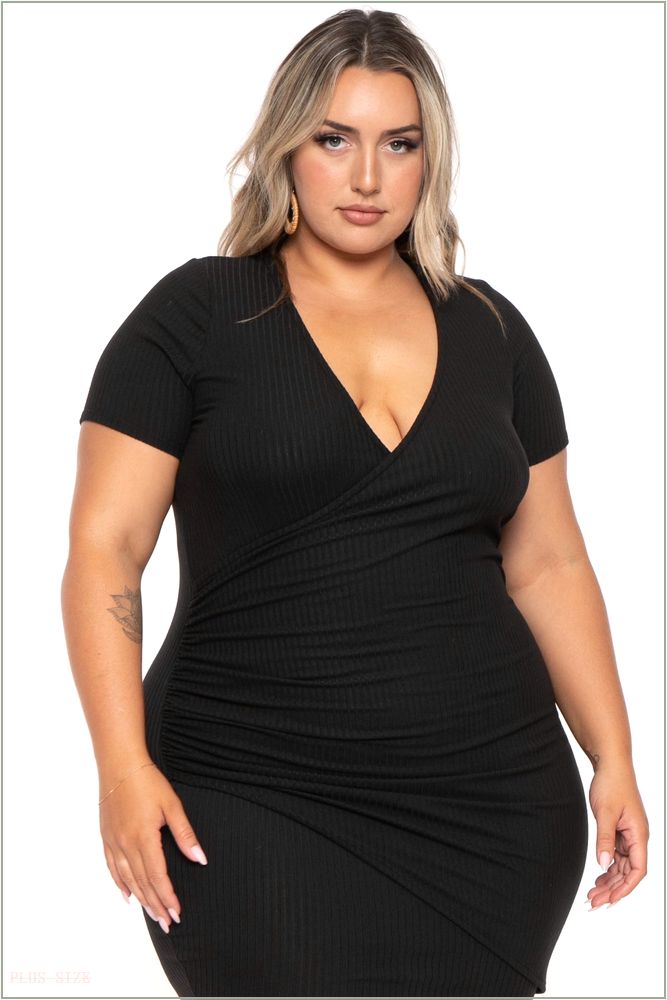  Plus Size Risette Front Drape Dress- Black H18-CS2421-BK-1X