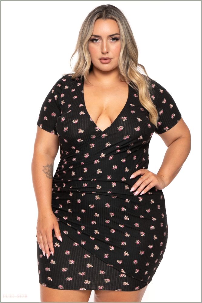  Plus Size Risette Front Drape Printed Dress- Black H18-CS2421P-BK-1X