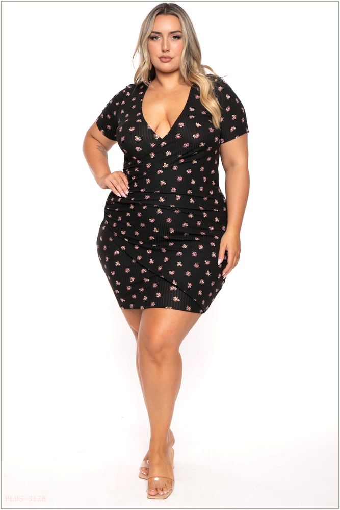  Plus Size Risette Front Drape Printed Dress- Black H18-CS2421P-BK-1X