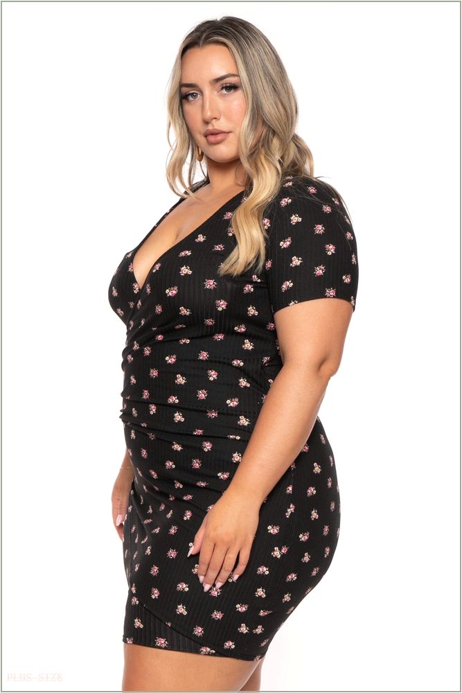  Plus Size Risette Front Drape Printed Dress- Black H18-CS2421P-BK-1X