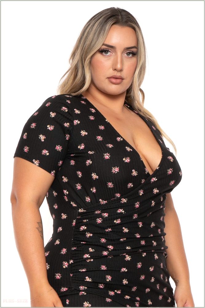  Plus Size Risette Front Drape Printed Dress- Black H18-CS2421P-BK-1X