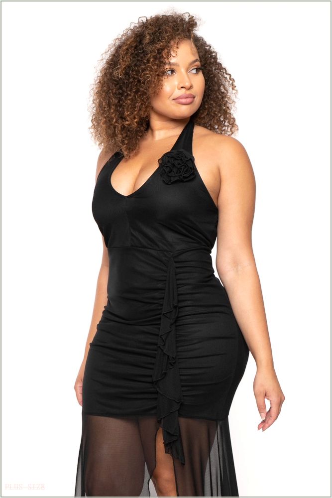  Plus Size Rosette Halter Maxi Dress -Black H1-CS2471-BK-1X