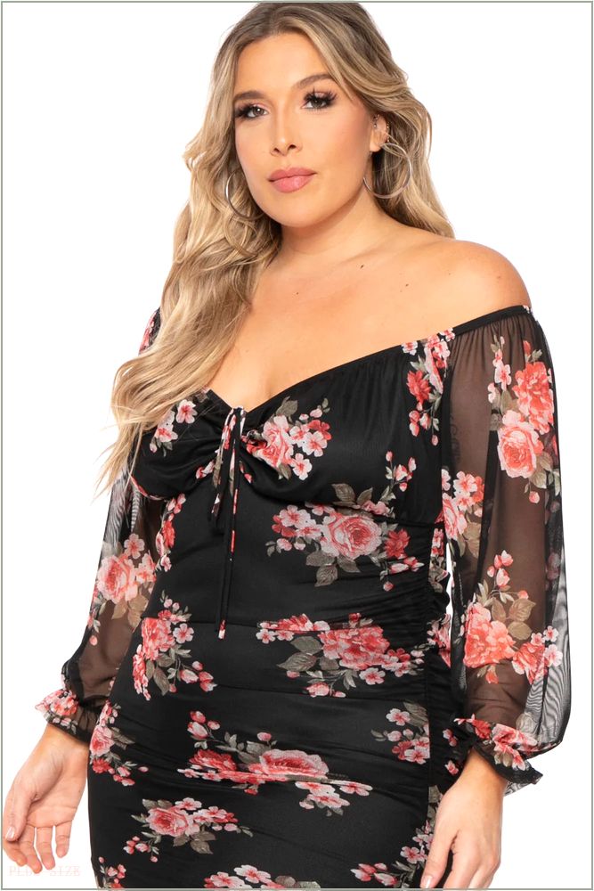  Plus Size Rosie Garden Mesh Bodycon Dress - Black I80-CS2274FP-BK-3X