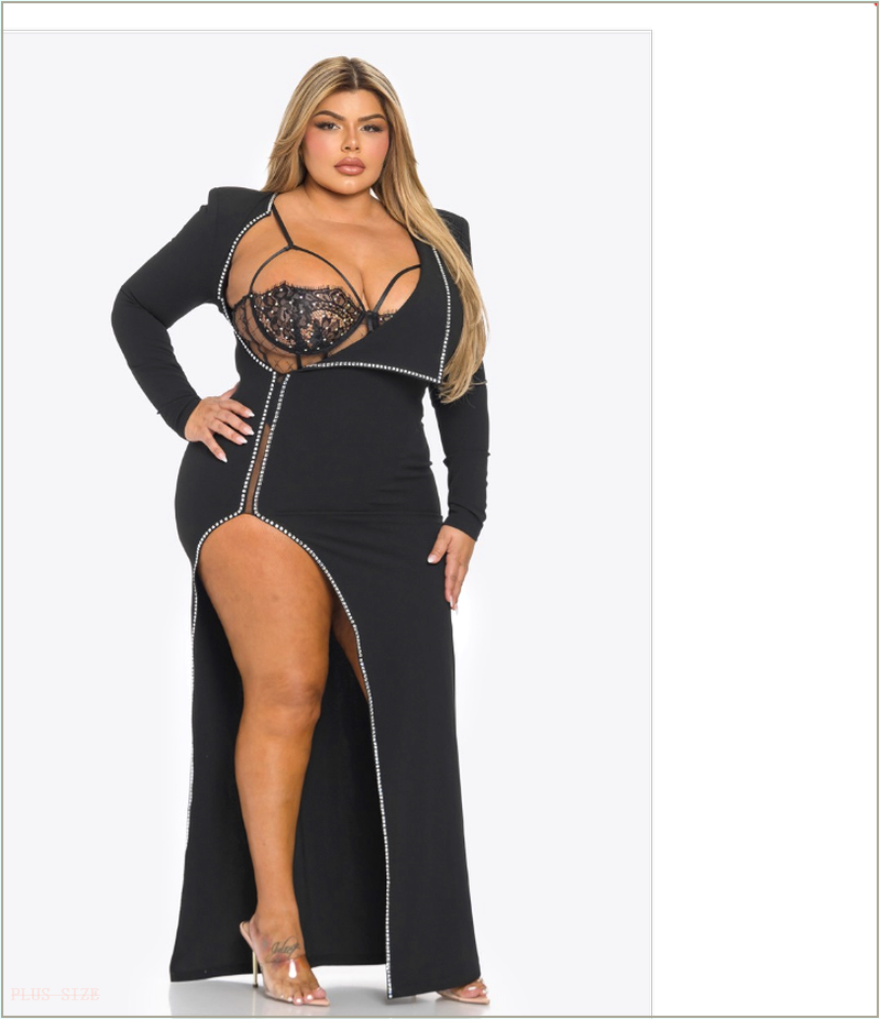  Plus Size Sasha 2 pcs Bodysuit and Dress Set- Black B15-BDBS61578-BK-1X