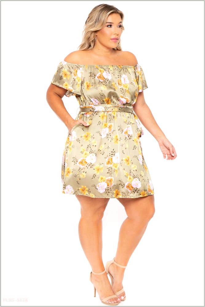  Plus Size Savannah Satin Off The Shoulder Dress - Olive X6-CS2193-OL-1X