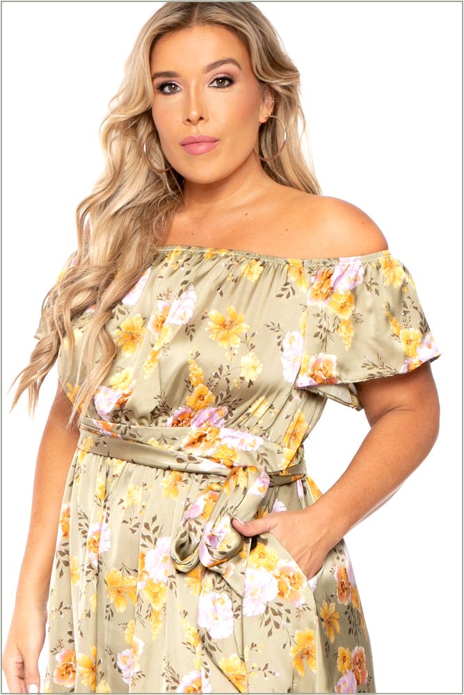  Plus Size Savannah Satin Off The Shoulder Dress - Olive X6-CS2193-OL-1X