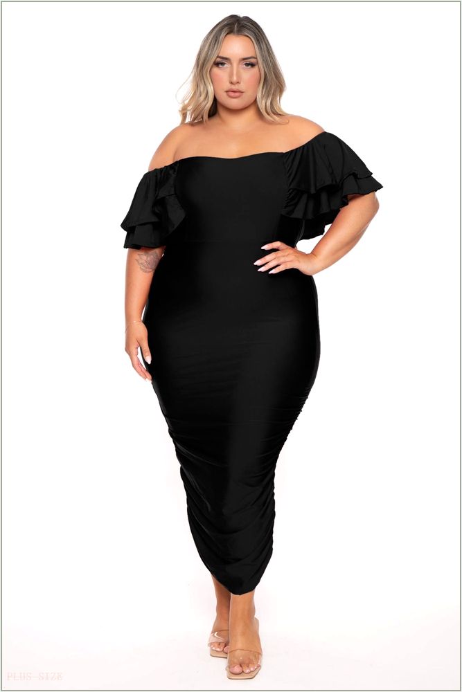  Plus Size Simona Satin Ruffle Midi Dress- Black H14-GD80961PL-BK-1X