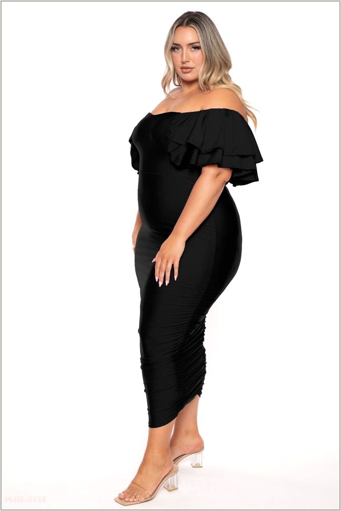  Plus Size Simona Satin Ruffle Midi Dress- Black H14-GD80961PL-BK-1X