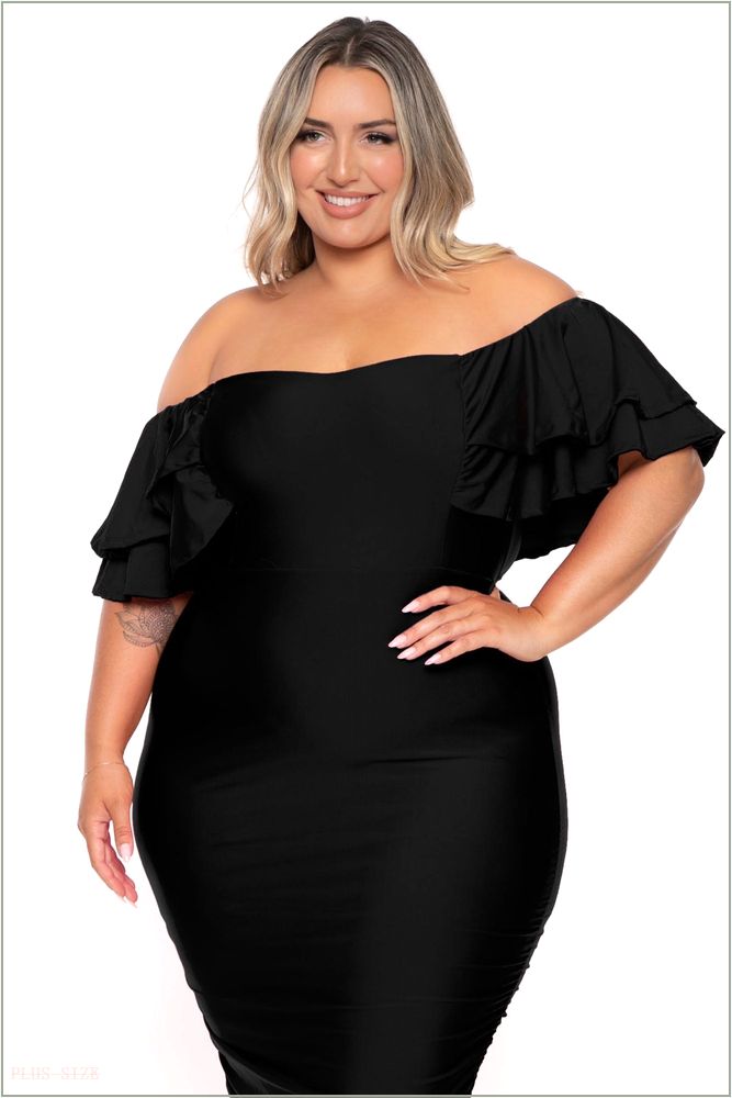  Plus Size Simona Satin Ruffle Midi Dress- Black H14-GD80961PL-BK-1X