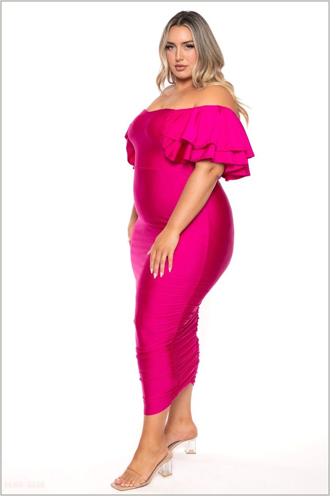  Plus Size Simona Satin Ruffle Midi Dress- Fuchsia H14-GD80961PL-FU-1X