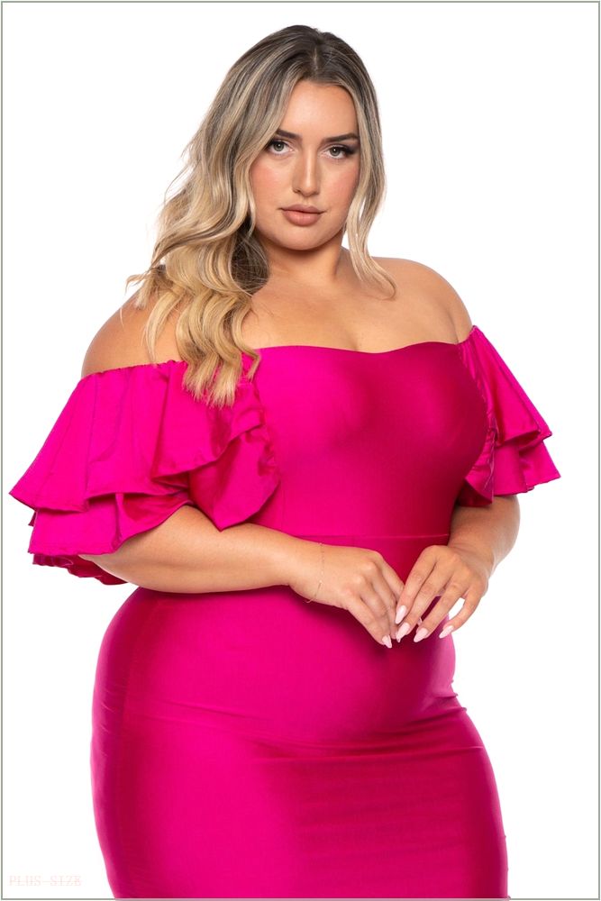  Plus Size Simona Satin Ruffle Midi Dress- Fuchsia H14-GD80961PL-FU-1X