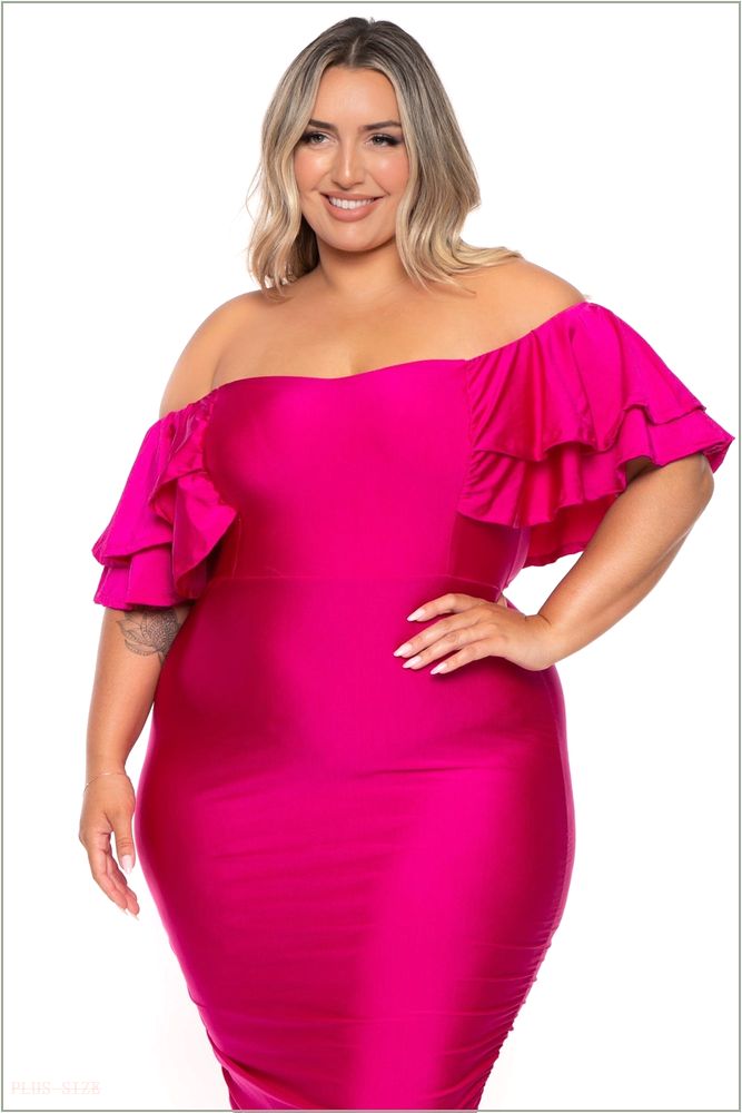  Plus Size Simona Satin Ruffle Midi Dress- Fuchsia H14-GD80961PL-FU-1X