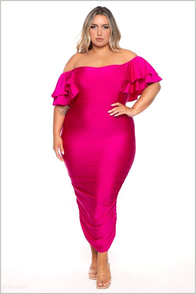  Plus Size Simona Satin Ruffle Midi Dress- Fuchsia H14-GD80961PL-FU-1X