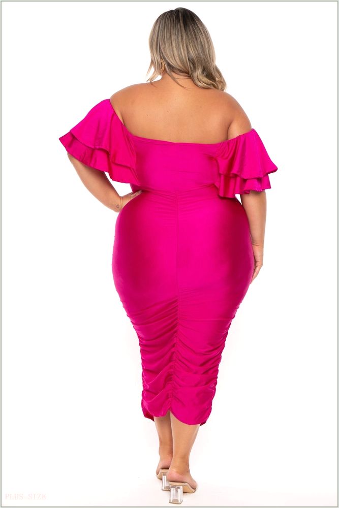  Plus Size Simona Satin Ruffle Midi Dress- Fuchsia H14-GD80961PL-FU-1X