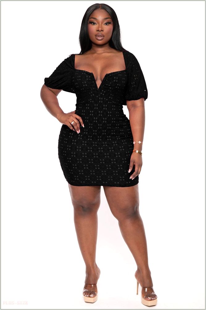  Plus Size Solana Eyelet Bodycon Dress - Black H7-CS2461-BK-2X