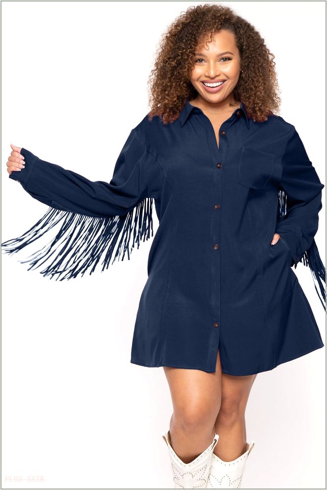  Plus Size Sonya Fringe Shirt Dress - Navy E34-JJD5017P-NV-1X