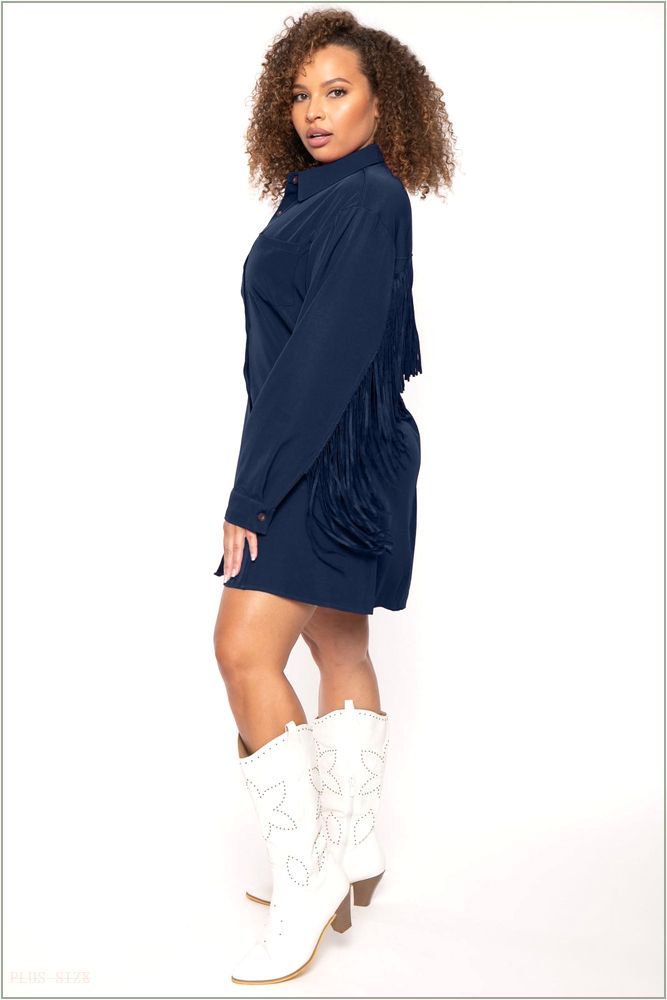  Plus Size Sonya Fringe Shirt Dress - Navy E34-JJD5017P-NV-1X