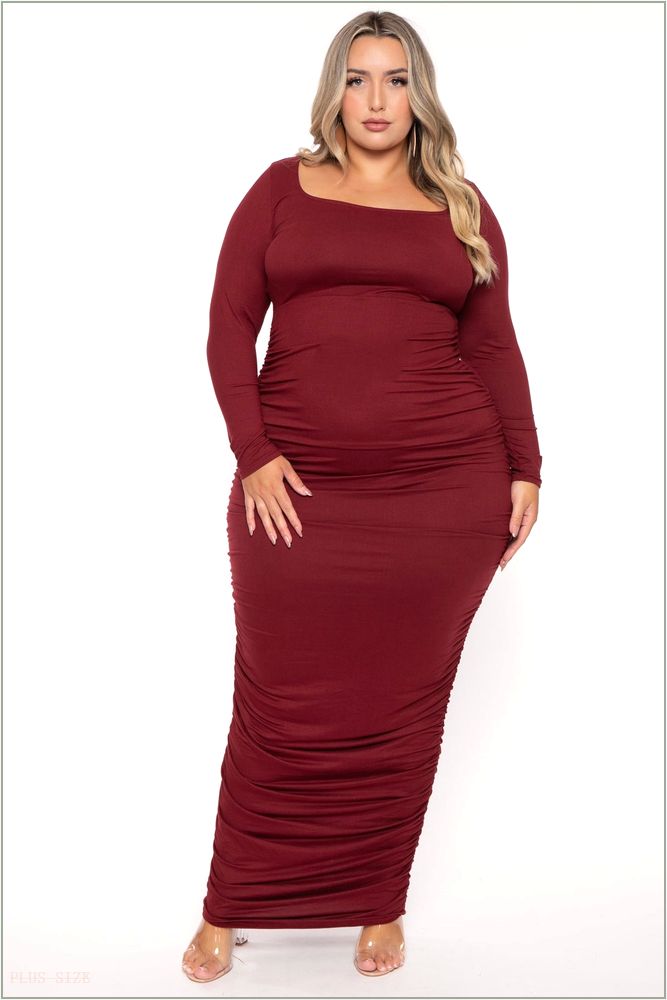  Plus Size Sophie Shirred Bodycon Maxi Dress - Burgundy W34-73733CD-BY-1X