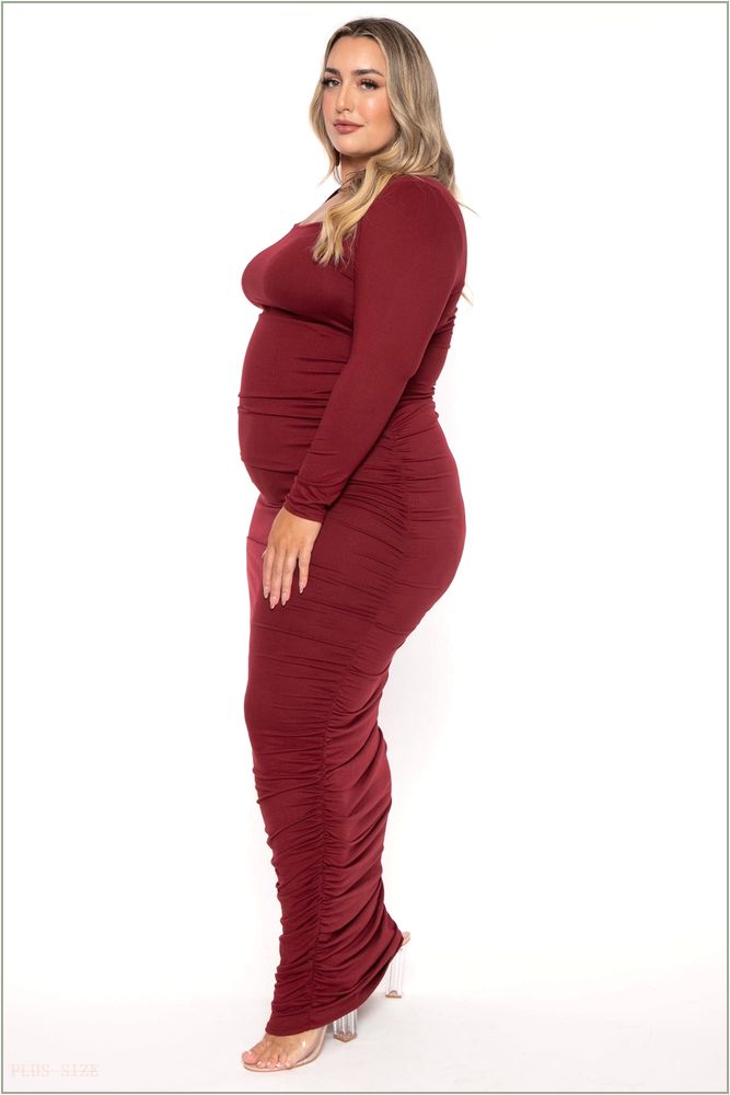  Plus Size Sophie Shirred Bodycon Maxi Dress - Burgundy W34-73733CD-BY-1X