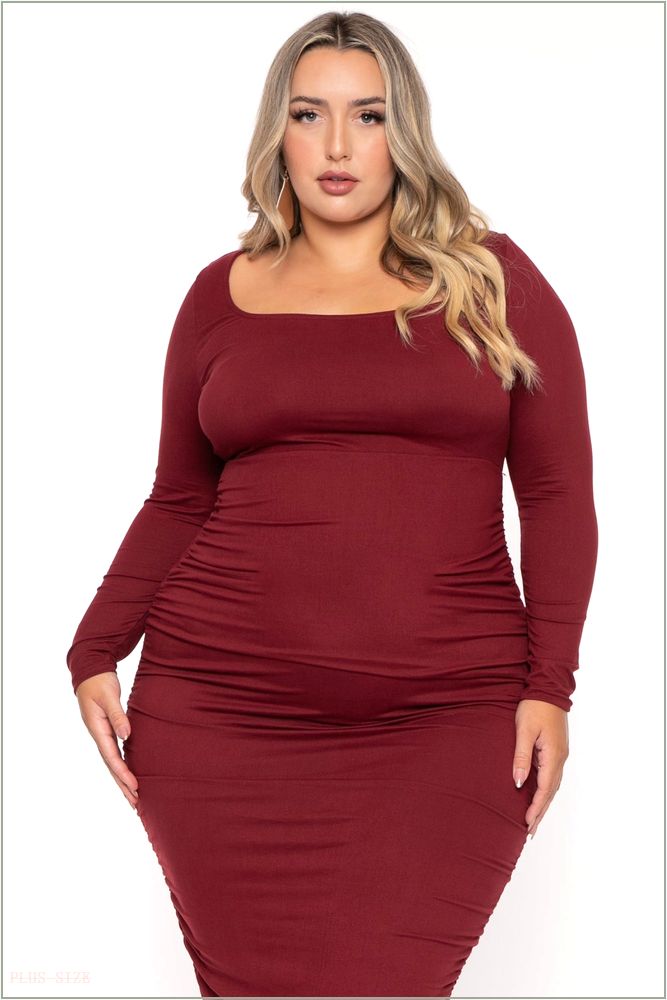  Plus Size Sophie Shirred Bodycon Maxi Dress - Burgundy W34-73733CD-BY-1X