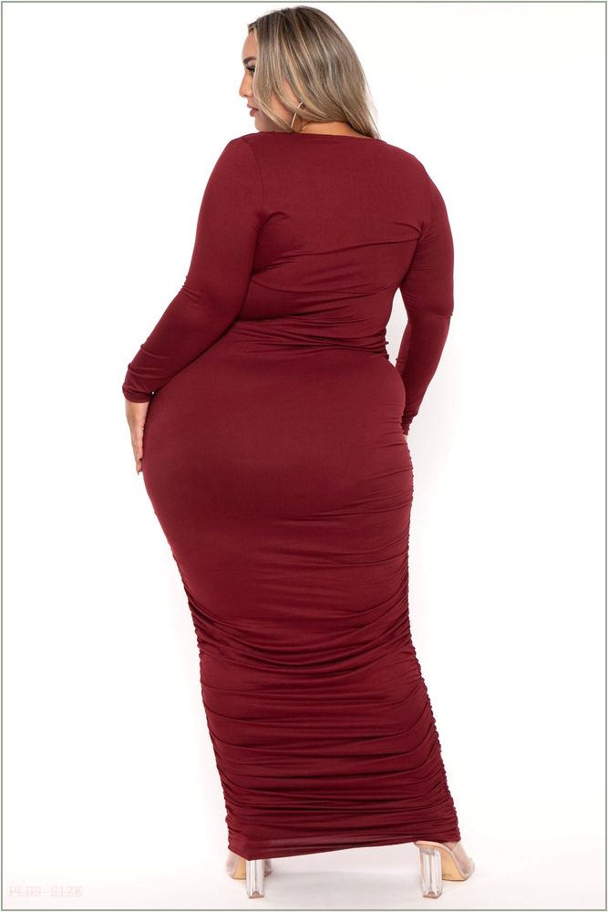  Plus Size Sophie Shirred Bodycon Maxi Dress - Burgundy W34-73733CD-BY-1X