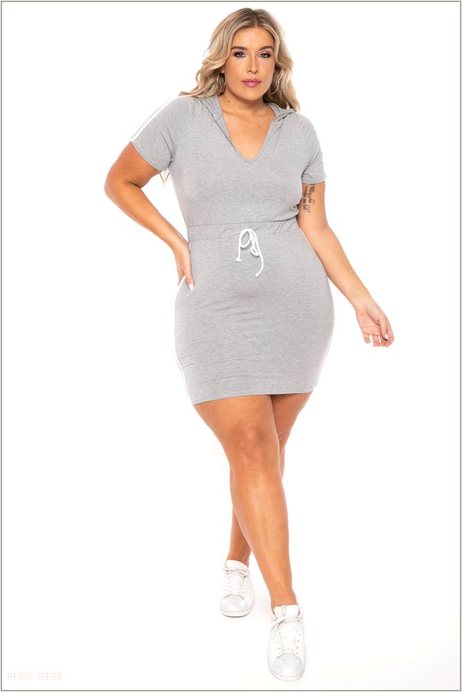  Plus Size Sporty Varsity Stripe Hoodie Dress - Heather Grey A7-CS1523-HG-1X