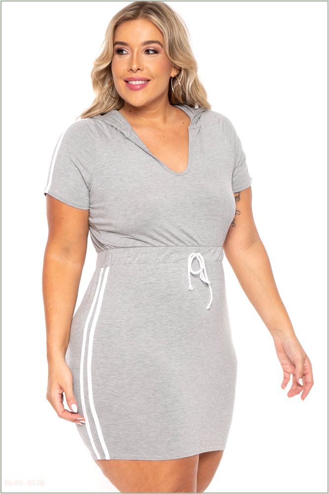  Plus Size Sporty Varsity Stripe Hoodie Dress - Heather Grey A7-CS1523-HG-1X