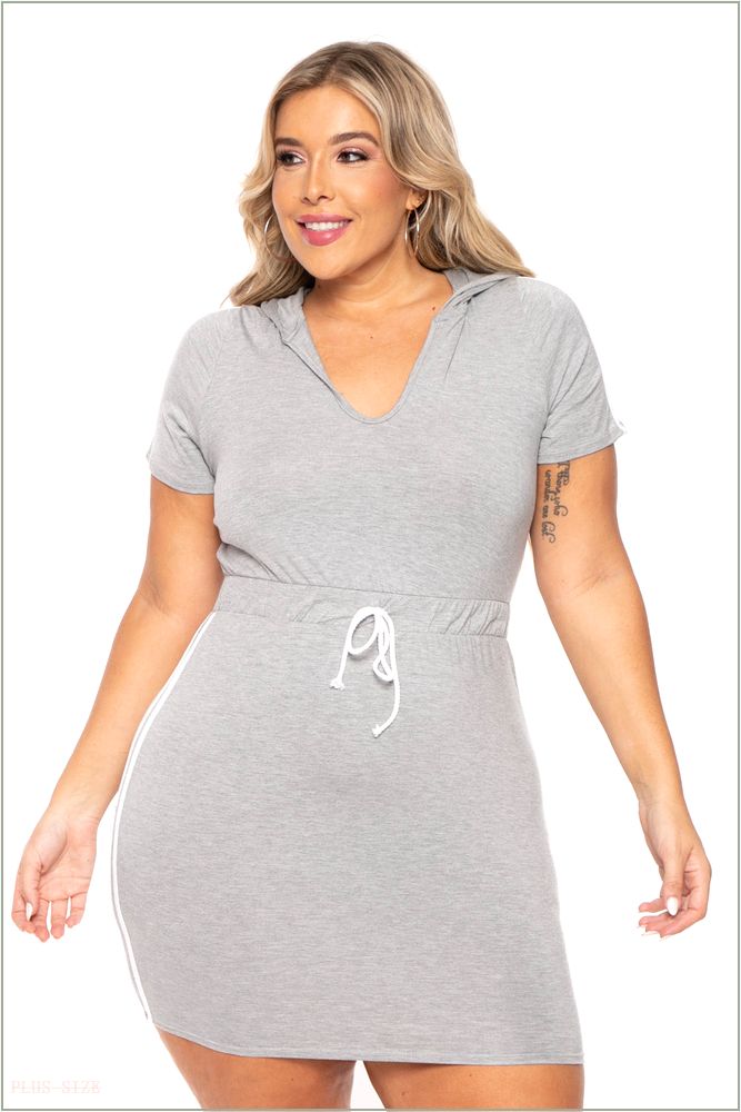  Plus Size Sporty Varsity Stripe Hoodie Dress - Heather Grey A7-CS1523-HG-1X