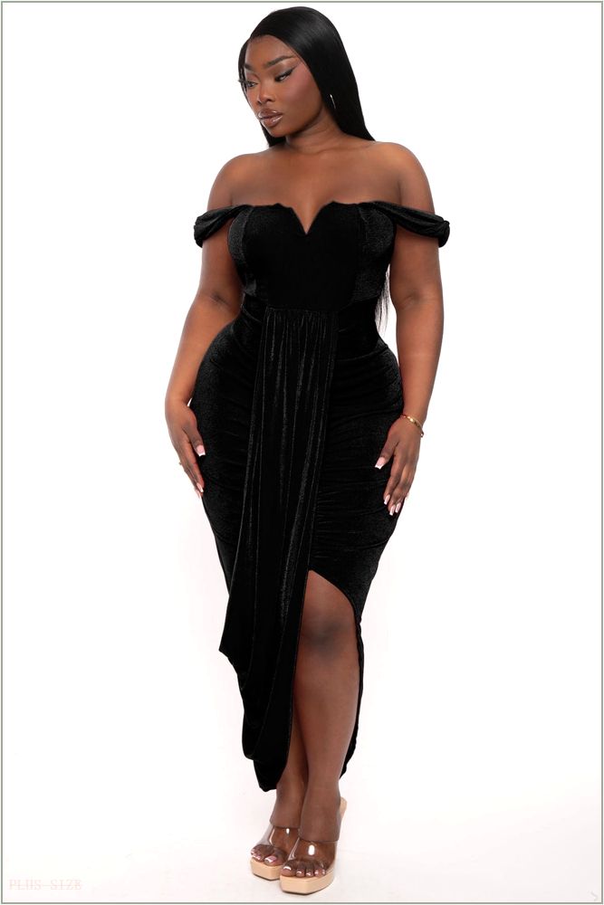  Plus Size Stella Front Drape Dress - Black H17-CS2398-BK-1X