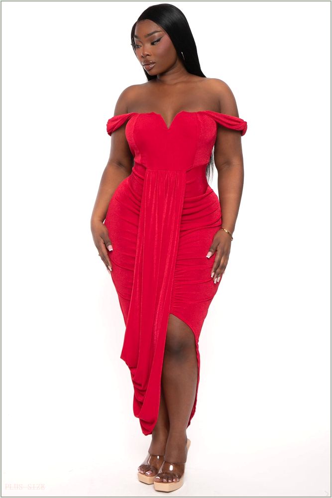  Plus Size Stella Front Drape Dress - Red H17-CS2398-RD-1X