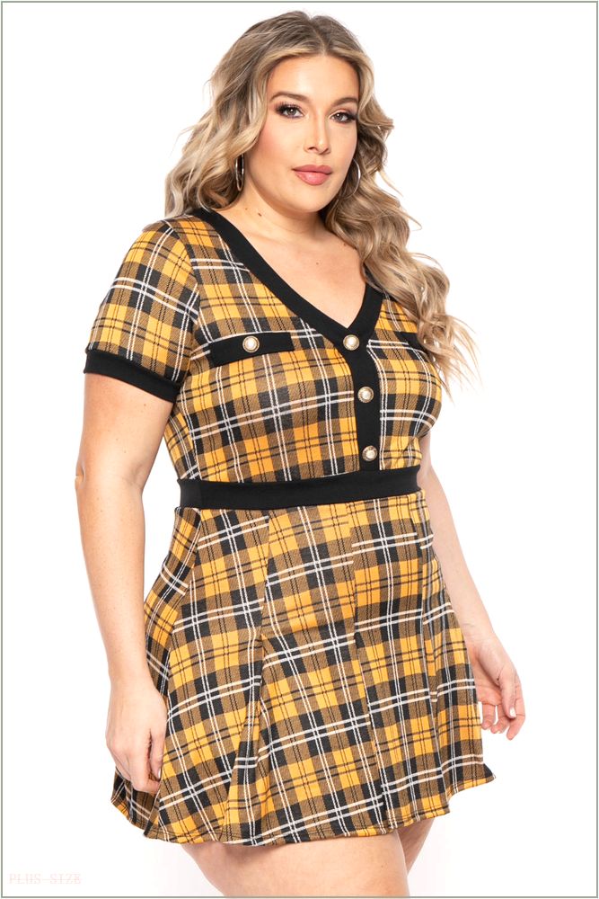  Plus Size Tai Plaid Pleated Dress- Yellow F4-CS2315-YW-1X