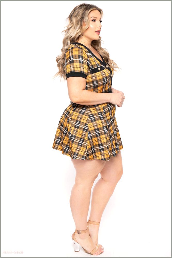  Plus Size Tai Plaid Pleated Dress- Yellow F4-CS2315-YW-1X