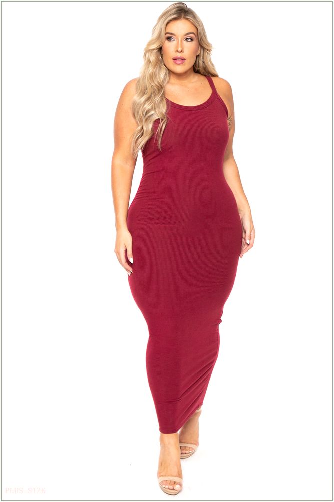  Plus Size Tess Ribbed Maxi Dress - Burgundy UP7-CS2103-BY-1X