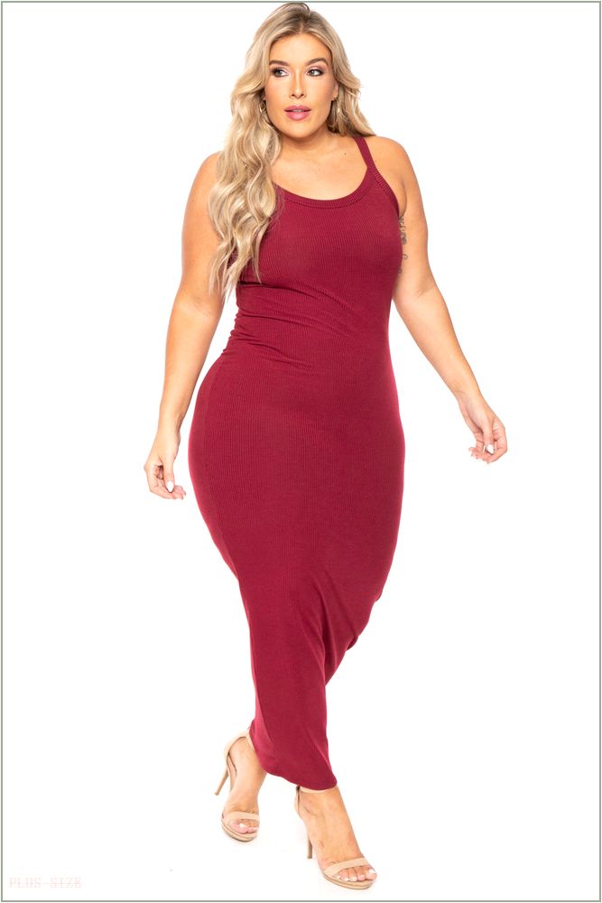  Plus Size Tess Ribbed Maxi Dress - Burgundy UP7-CS2103-BY-1X