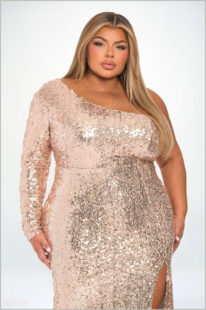  Plus Size Thalia One Sleeve Sequins Gown - Champagne J21-P2142SO-CH-1X