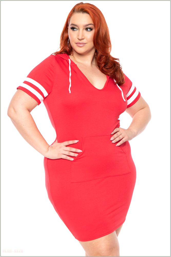  Plus Size Varsity Stripe Hoodie Dress - Red R2-CS1131-RD-1X