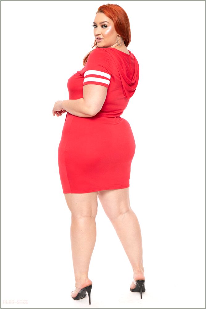  Plus Size Varsity Stripe Hoodie Dress - Red R2-CS1131-RD-1X