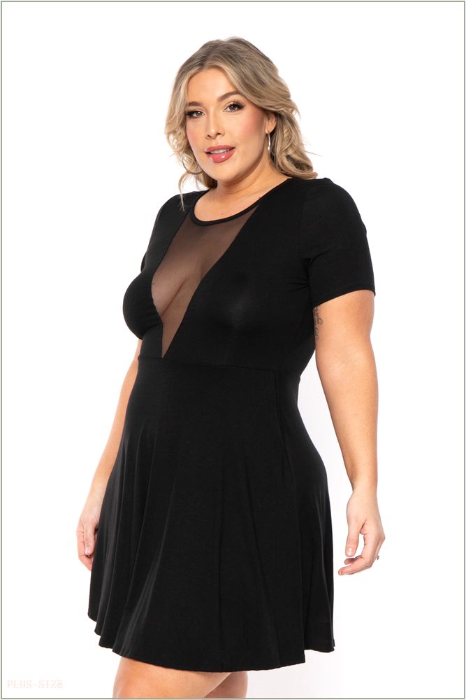  Plus Size Vicki Mesh Flare Dress - Black O58-CS2308-BK-1X