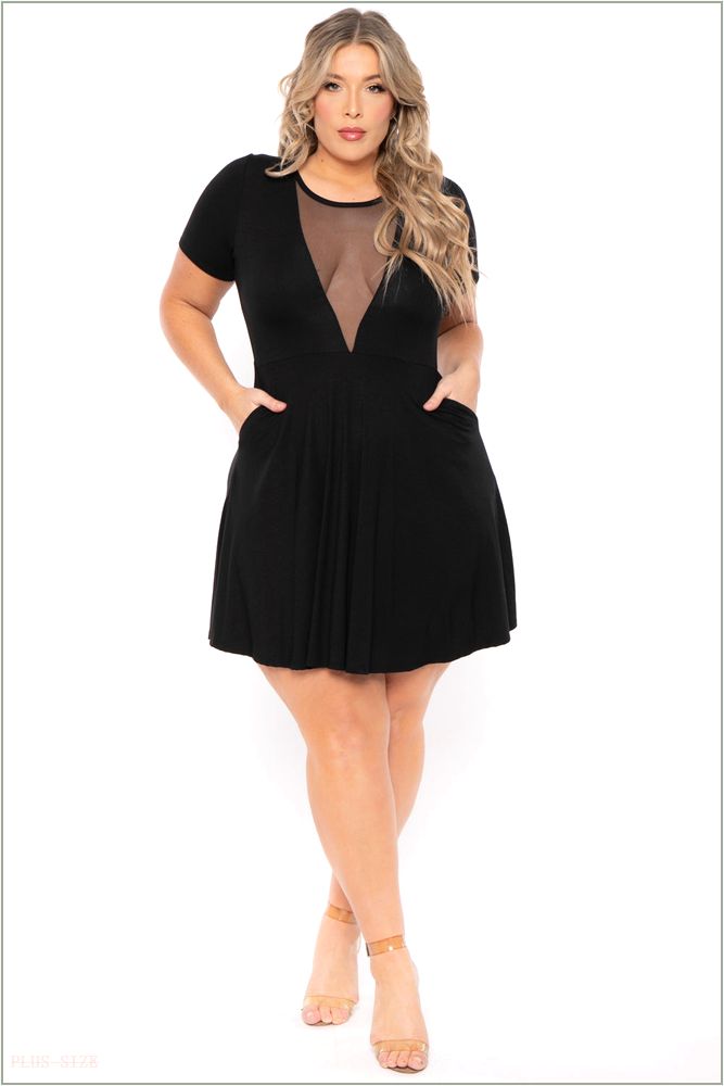  Plus Size Vicki Mesh Flare Dress - Black O58-CS2308-BK-1X