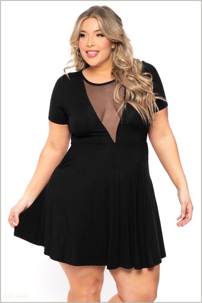  Plus Size Vicki Mesh Flare Dress - Black O58-CS2308-BK-1X