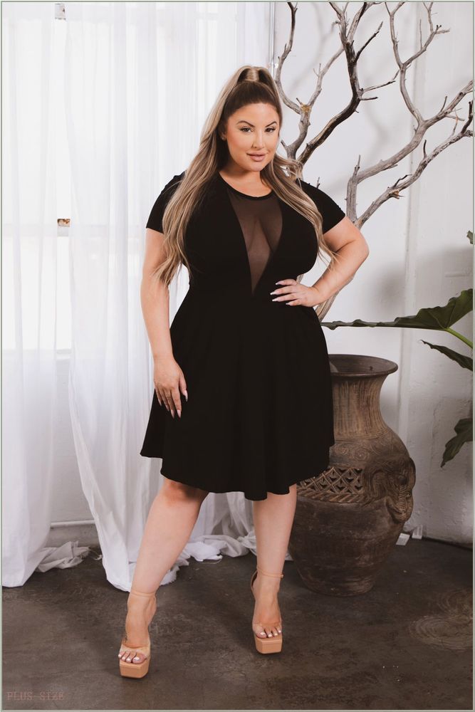  Plus Size Vicki Mesh Flare Dress - Black O58-CS2308-BK-1X