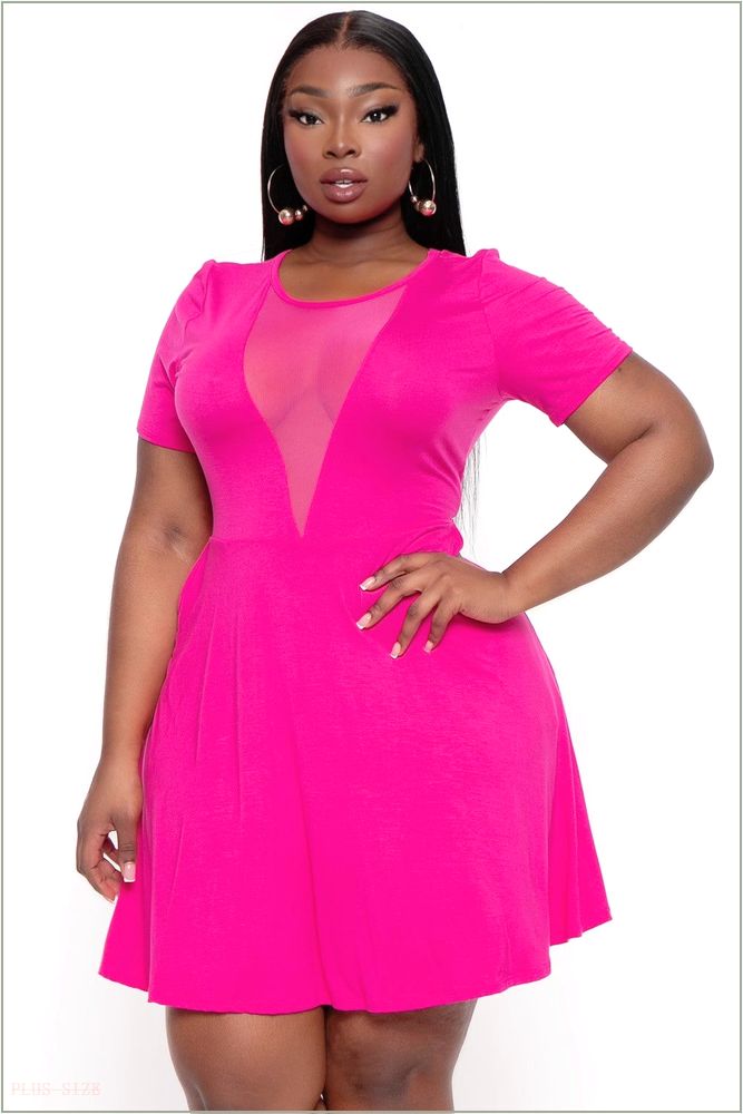  Plus Size Vicki Mesh Flare Dress - Fuchsia UP13-CS2308-FU-1X