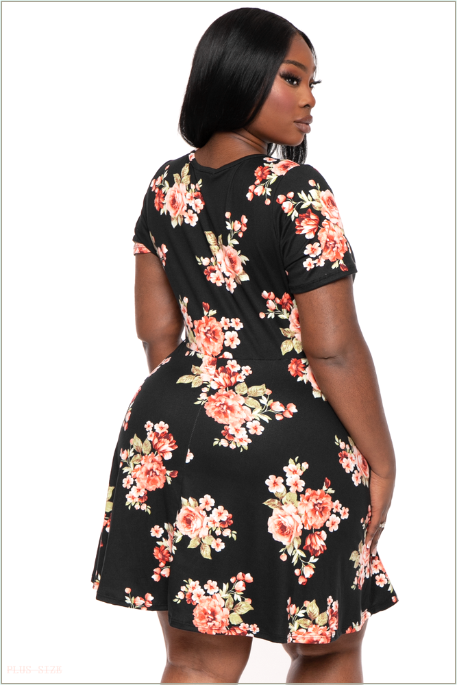  Plus Size Vicki Mesh Floral Flare Dress - Black H3-CS2308P-BK-1X