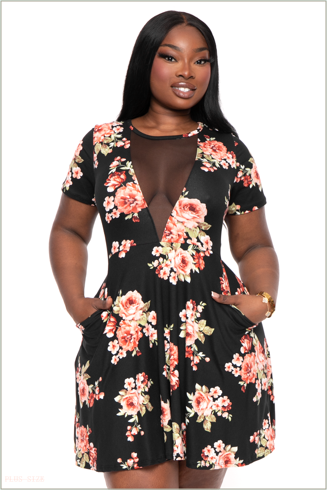  Plus Size Vicki Mesh Floral Flare Dress - Black H3-CS2308P-BK-1X