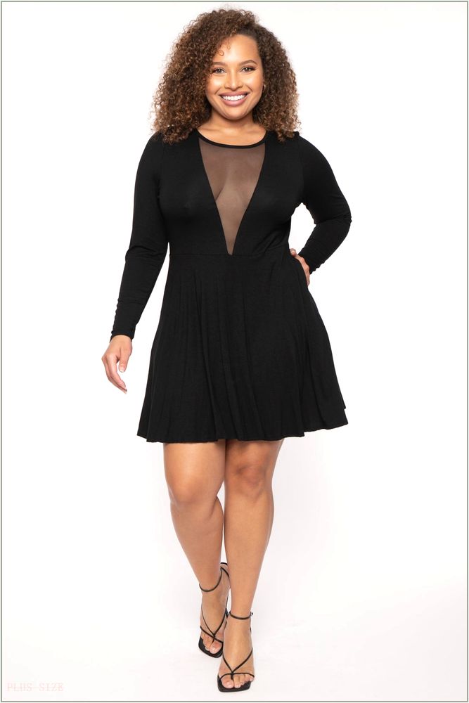  Plus Size Vika Mesh Flare Dress - Black H4-CS2604-BK-1X