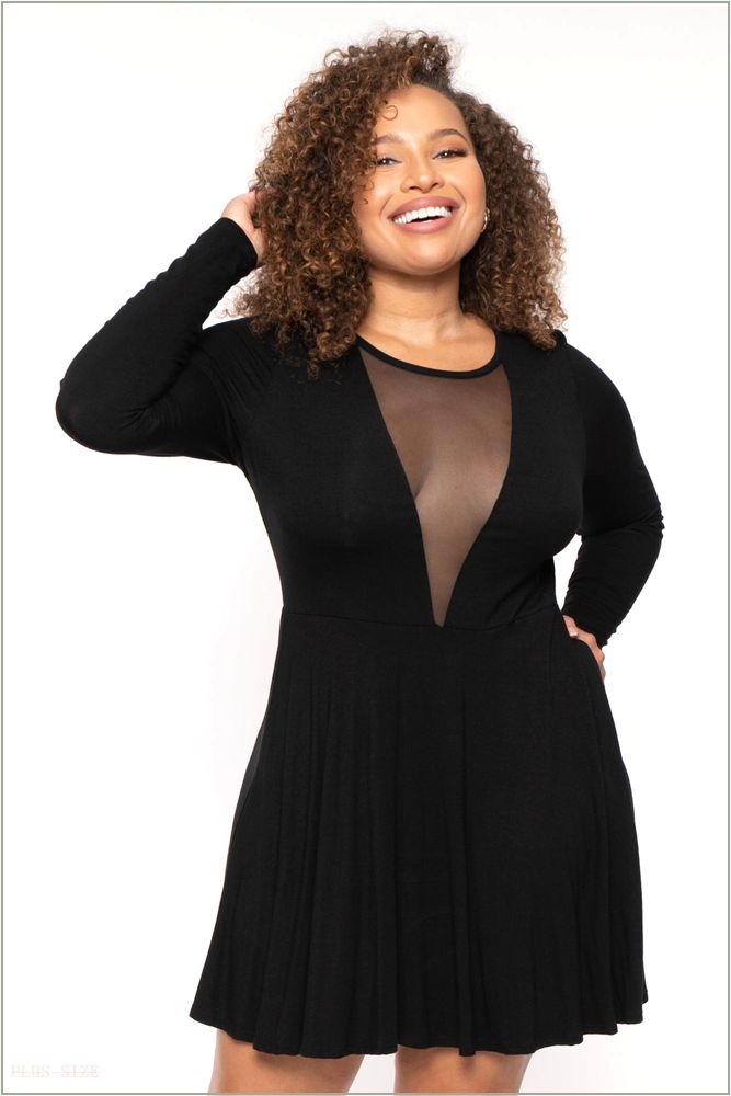  Plus Size Vika Mesh Flare Dress - Black H4-CS2604-BK-1X