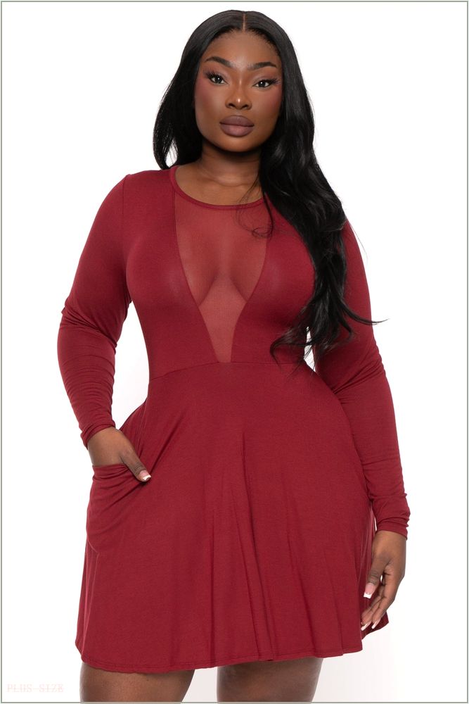  Plus Size Vika Mesh Flare Dress - Burgundy H4-CS2604-BY-1X