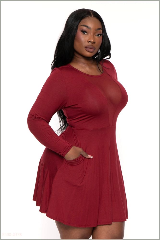  Plus Size Vika Mesh Flare Dress - Burgundy H4-CS2604-BY-1X